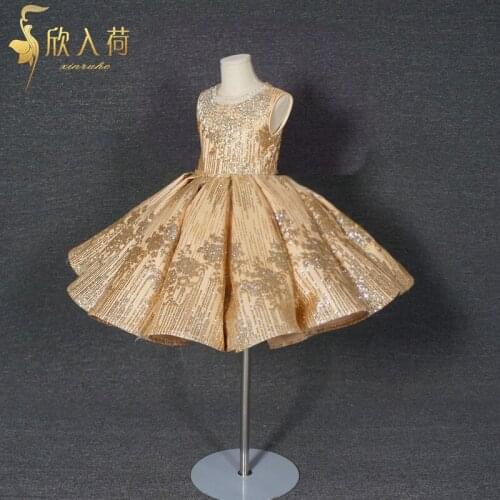 Real Picture Golden Lace Applique Champagne Girls Birthday Party Dresses Children Girls Golden First Communion Celebration Gowns
