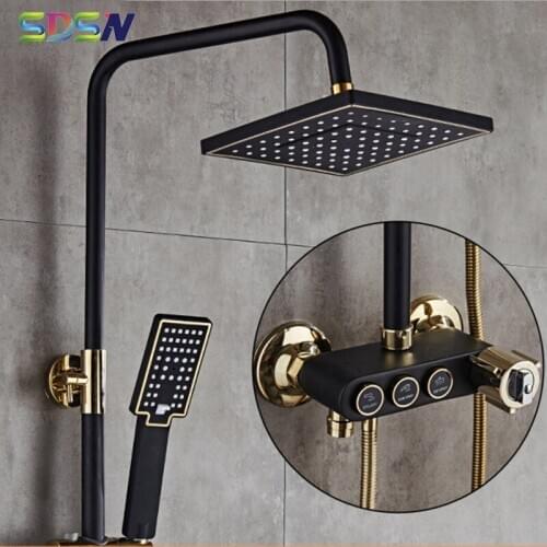 Thermostatic Shower Set Black Gold Bathroom Shower Faucet Rainfall Top Shower Head White Gold Bathroom Shower Mixer System