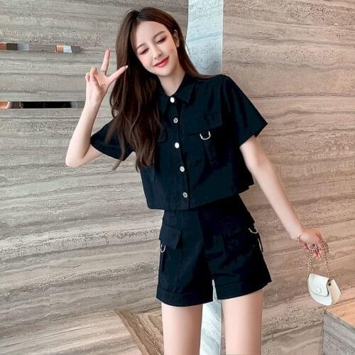 Womens Suits Fashion Tooling Suit Korean Loose Short-sleeved Shirts Short Pants Two Piece Sets Kawaii Clothes 2021 Summer New