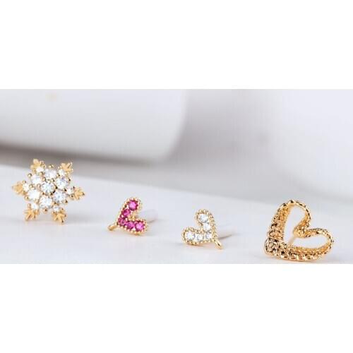 6pc Love Earrings for Women Girlspendant Material Diy Jewelry Accessories Korean Stud Earringsplated Inlaid Zircon Snowflake