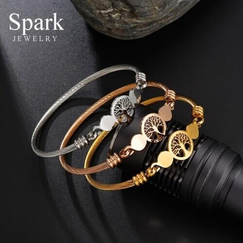 Spark Charm Hollow Tree of Life Bracelets Stainless Steel Gold Cuff Bangles For Women Girls Birthday Jewelry Gift Dropshipping
