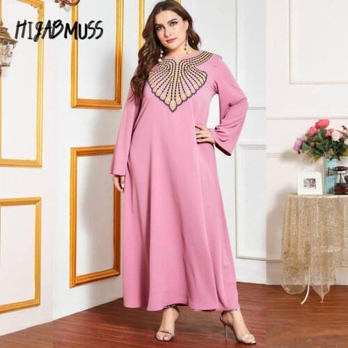 Dresses For Women 2021 Oversized Temperament Womens Fashion Embroidery Pink Elegant Modest Dress Muslim Long Skirt Islamic Robe