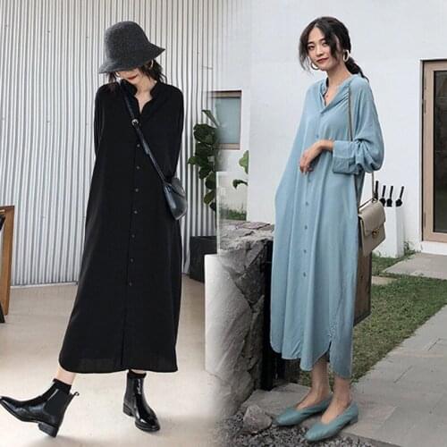 Wild Shirt Dress Women 2020 Spring Autumn Plus Size Loose Long Casual Shirts Solid Long Sleeve Split Summer Chiffon Dress L- 4XL