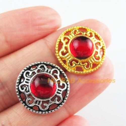 15Pcs Tibetan Silver Tone & Gold Color Round Flower Red Glaze Charms Connectors 18mm