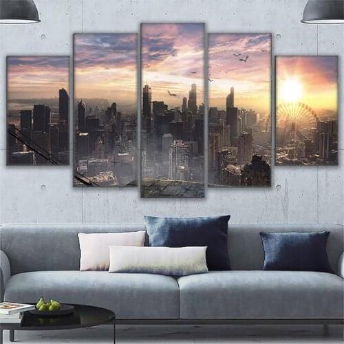 5 Panel Chicago Cityscape View Landscape Pictures Posters Wall Art Home Decor Canvas HD Prints Paintings Living Room Decoration