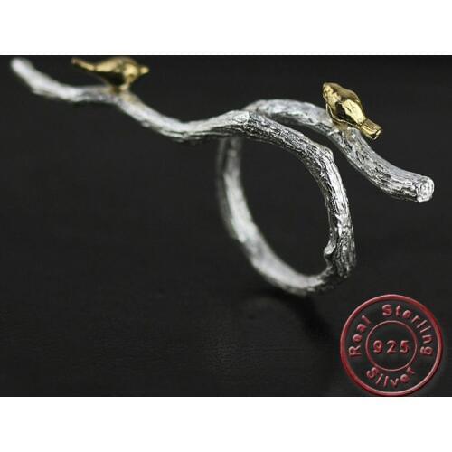 Amxiu Real 925 Sterling Silver Handmade Jewelry Adjustable Open Ring Branch Bird Rings for Women Girls Bijoux Mothers Day Gift