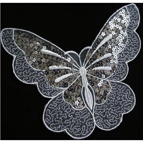 White paillette butterfly fabric patch stickers clothing accessories diy handmade glue