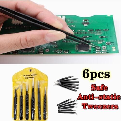 6Pcs Safe Anti-static Tweezers Tool ESD 10-15 Stainless Steel Tweezers for Soldering Station Electronic Component Repair Tools