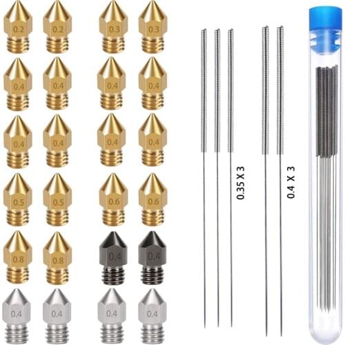 29PCS MK8 0.2/0.3/0.4/0.5/0.6mm 3D Printer Extruder Hardened Steel, Stainless Steel, Brass Nozzle+Cleaning Needle for Ender3