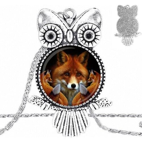 EJ Glaze Jewelry Plated Glass Cabochon Choker Long Pendant Owl Necklace For Women Jewellery Fox with Her Baby