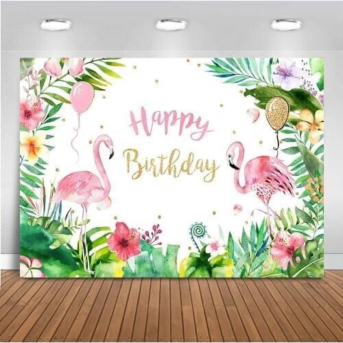 Happy Birthday Flamingo Backdrop 7x5ft Floral Flamongo Theme Birthday Party Background Glitter Hawaiian Luau Summer Beach Decor