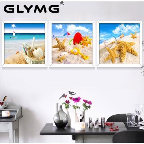 GLymg Diy Shaped Diamond Embroidery Round Drill Diamond Painting Cross Stitch Seaside Scenery Starfish Shells Beach Home Decor