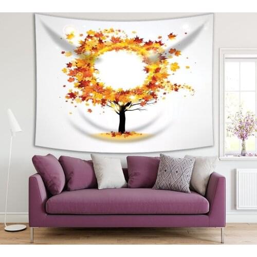 Tapestry Autumn Tree with Beautiful Flying Leaves Changing Weather Countryside Nature Cartoon Art Yellow Red