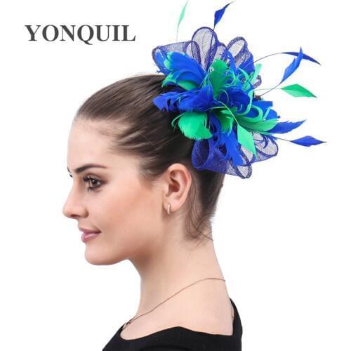 Royal Blue With Green Bride Women Fascinator Hat Elegant Ladies Show Headwear With Hair Clip Bridal Wedding Hair Accessories