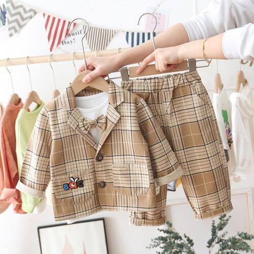 Boy Suit 3Pcs/Set Fashion White Shirts Plaid Blazers Long Pants Cotton Kids Clothes Sets Children Wedding Baby Boy Clothes