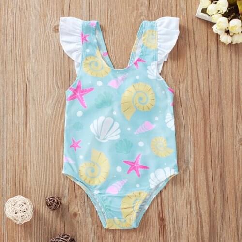Fashion Kids Swimsuit girl Flying Sleeve Shell Starfish Swimwear One-Piece Swimsuit Beachwear stroj kapielowy dziewczynka E2