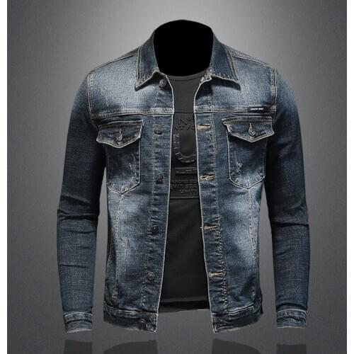 Mens Denim Jacket Biker Motorcycle Coat Vintage Blue Black Slim Fit Stretch Cowboy Jean Jackets Drop Shipping