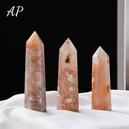 Natural Quartz Pillar Cherry Blossom Gem Tower Sakura Agate With Geode Crystal Pillar Energy Wand Mineral Collection