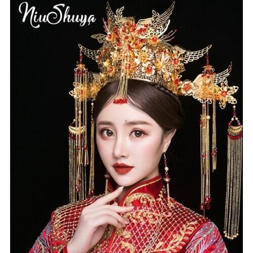 NiuShuya New Luxury Chinese Gold Wedding Crown Earrings Ancient Bridal Hairwear Long Tassel Wedding Jewelry Hair Accessories