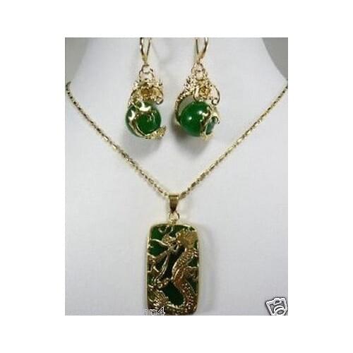 New Jewelry Green jade Dragon earring Pendant necklace set