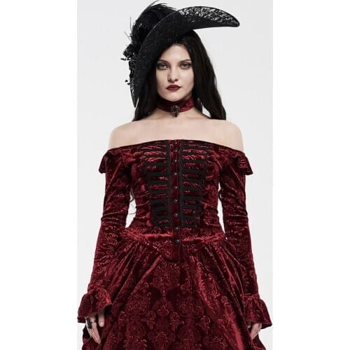 PUNKRAVE Womens Gothic Victoria Royal Palace Vintage Velvet Blouses Gorgeous Sexy One-word Collar Prom Dinner Gown