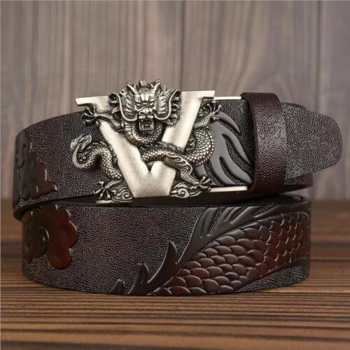 Men Chinese style Dragon Automatic Buckle Cowskin Genuine Leather Three Dimensional Carving Belt Jeans BCD042