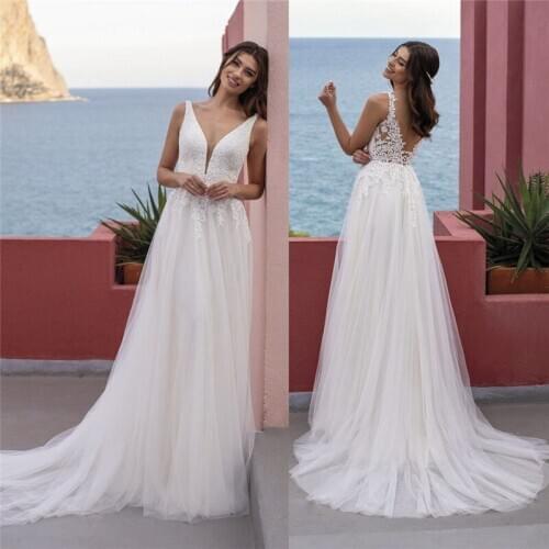 Sexy Deep V-Neck Lace Appliques A-Line Wedding Dresses Sleeveless Backless Soft Tulle Custom Made Bridal Gowns Formal Long