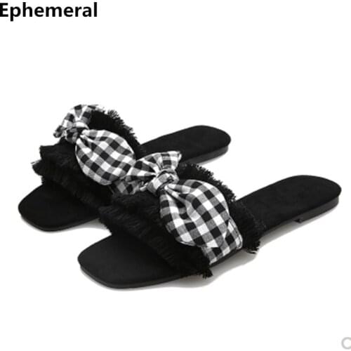 Women Slides Microfiber Fabric Poly Urethane Tassel Bow Floor Flat Slippers Summer Footwear Open Toe Plus Size 12 34 Black Beige