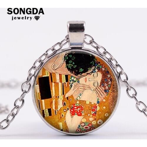 SONGDA Brand The Kiss By Gustav Klimt Artist Necklace Abstract Oil Painting Glass Art Pendant Chain Necklace Valentines Day Gift