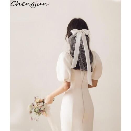 Chengjun Unique Wedding Hair Accessories Bowknot Ribbon Short Bridal Veils