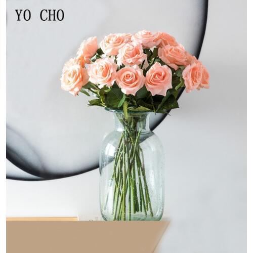 YO CHO 12 Heads Red Rose Artificial Flower Silk White Artificial Roses Real Touch Wedding Garden Decoration Fake Flower Bouquet