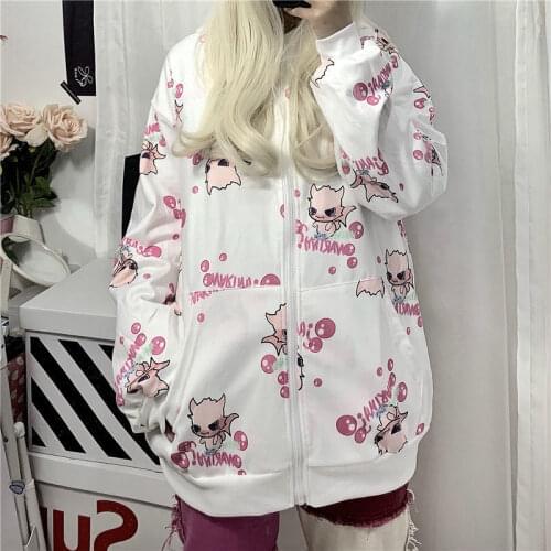 Women Hooded Coat Loose 2021 Autumn New Harajuku Dinosaur Cartoon Print Outerwear Winter Cute Girl Student Oversized Jacket