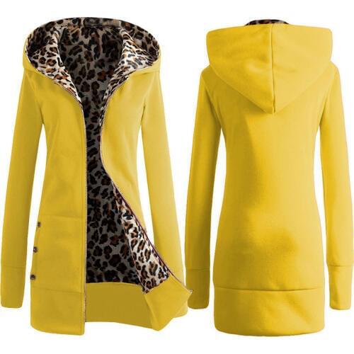 Winter Ladies Thickened Leopard Hooded Knit Coat Solid Color Large Size Casual Coat Fashion Long-sleeved Wilds Coat