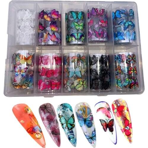 10 Roll 50/100x4cm Nail Foils Butterfly Series Nail Art Transfer Foil Decal Starry Paper Holographic Nails Stickers Decor