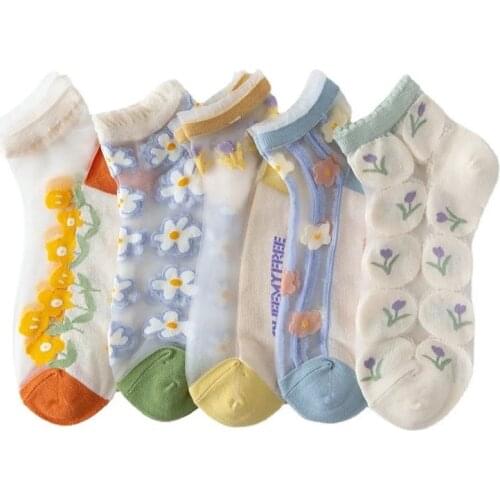 5 Pair Tulle Transparent Korean Style Women Socks Ultra-Thin Flowers Printing Mesh Cute Cool Socks Summer Kawai Crystal Silk
