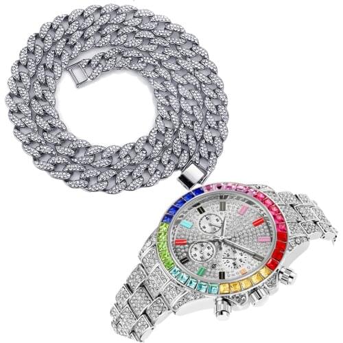 Choker Necklace Bracelet Watch Hip Hop Miami Cuban Link Chain Chork Gold Watch for Men Iced Out Watches Paved Rapper Men Jewelry