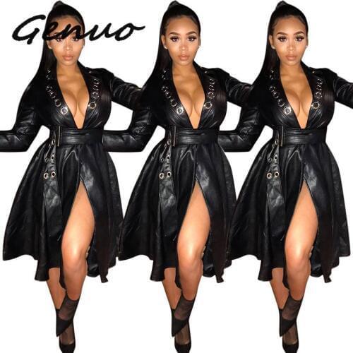 Black PU Leather Sexy A-Line Dress Woemn Deep V Neck Long Sleeve Eyelet Club Party Dress Streetwear Sash Fit And Flare Vestidos