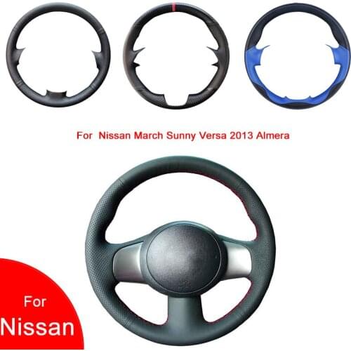 Breathable Punch Hand-Stitched Black Artificial Leather Car Steering Wheel cover For Nissan March Sunny Versa 2013 Almera