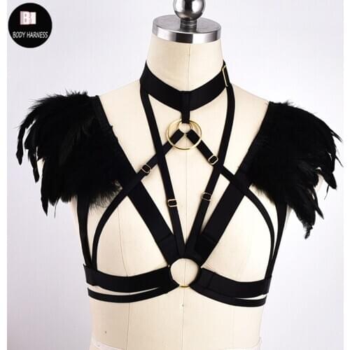 Feather Epaulet Body Cage Open Chest Bra Garter Woman Sexy Body Harness Bondage Belt Goth Festival Rave Wear Elastic Adjust
