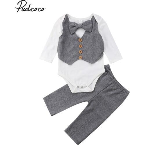 Newborn Baby Boy Gentleman Outfits Set Bow Tie Long Sleeve Tops Romper Pants Formal Suit Costume