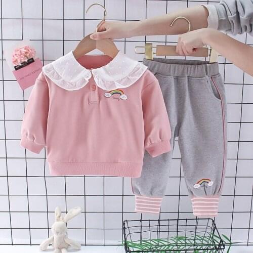 Baby girl clothes spring autumn childrens clothing baby girl rainbow printed cotton suit sport sweater pant 2 piece casual suit