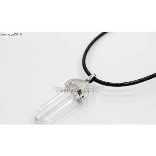 Natural Crystal Quartz Gems Stones Hexagonal Pointed Healing Reiki Chakra Pendant Black Leather Cord Necklace 18'' 5 Sets/Pack