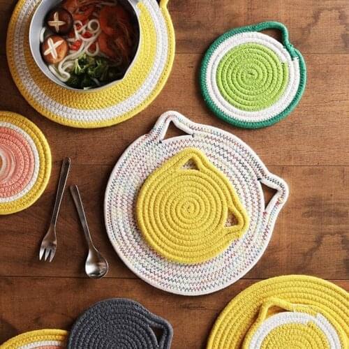 Hot 4 Pcs Potholders Trivets Set Cotton Thread Weave Cat Shape Coasters Placemats for Cooking Baking 7 Inch Yellow Colorful