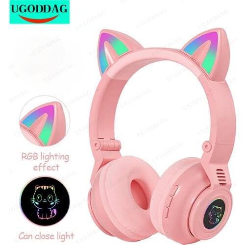 2021 Cute Cat Ear Headphone with Mic Stereo RGB Light Wireless Headphone For PC Phone Gaming Headset Helmets Girls Daughter Gift