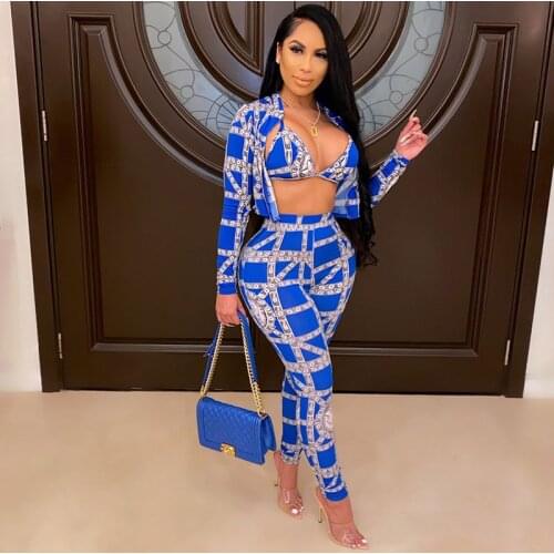 Fashion Print Long Sleeve 3 Piece Set Top and Pants Sexy Club Outfits Women Winter 2020 Matching Sets Outfits