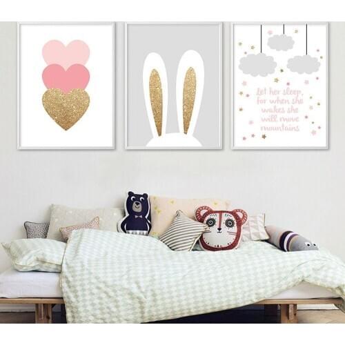 Cartoon Animal Love Rabbit Canvas Painting Nordic Ins Cute Cloud Poster Inspirational Childrens Room Bedroom Wall Art Decor