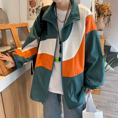 2021 Mens Splicing Color Bomer Jackets Casual Loose Long-sleeved Outerwear Streetwear Hip-hop Fashion Oversized Coats M-2XL