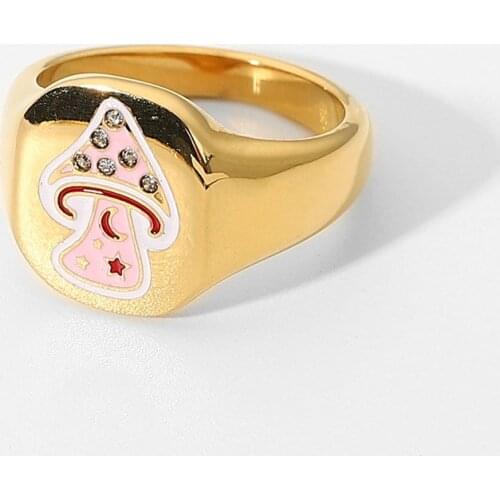 Stainless Steel Mushroom Crystal Rhinestone Rings For Women Girls Cute Dripping Oil Rings Jewelry Accessories