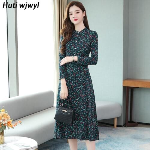 2021 Autumn Winter Knitted Warm Dresses Korean 4XL Plus Size Printed Vintage Midi Dress Elegant Women Casual Red Party Vestidos