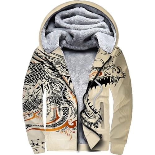 Papertiger Mens Winter Thick Jacket China Dragon Beige Print 3D Plus Velvet Hoodie